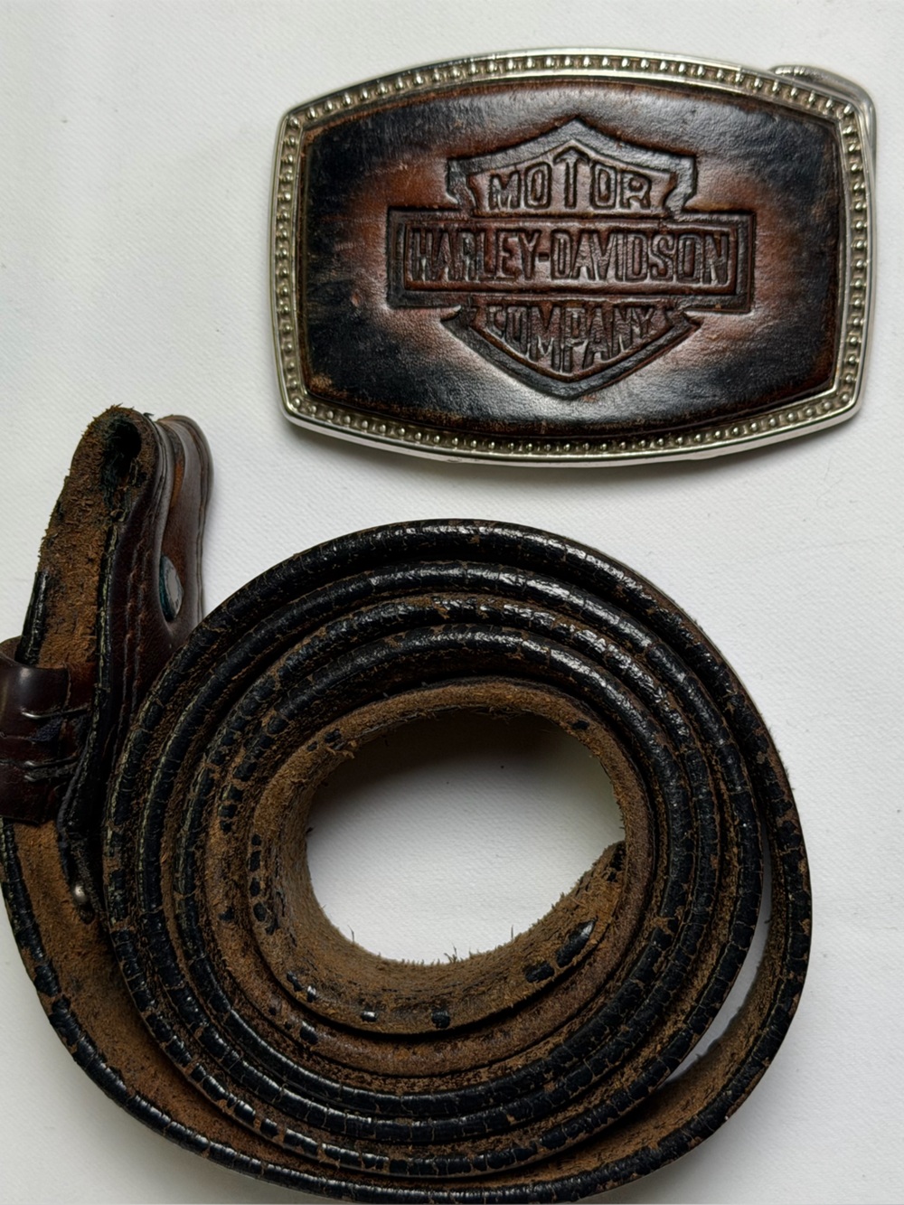 Vintage Harley-Davidson Brown Leather Belt & Detachable Stamped Leather Buckle
